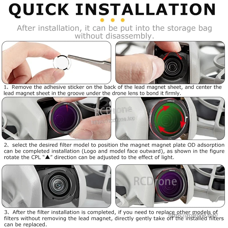 Install STARTRC magnetic ND & CPL filters by removing adhesive, placing magnet sheet, choosing filter, rotating for desired light effect, and swapping filters easily without disassembly.