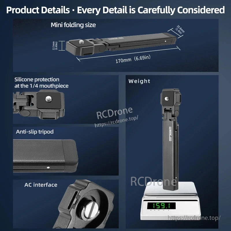 Compact 170mm, 159.1g folding tripod with silicone protection, anti-slip base, AC interface, and 250° tilt for action cameras.
