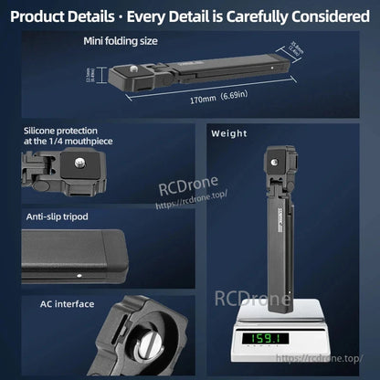 Compact 170mm, 159.1g folding tripod with silicone protection, anti-slip base, AC interface, and 250° tilt for action cameras.