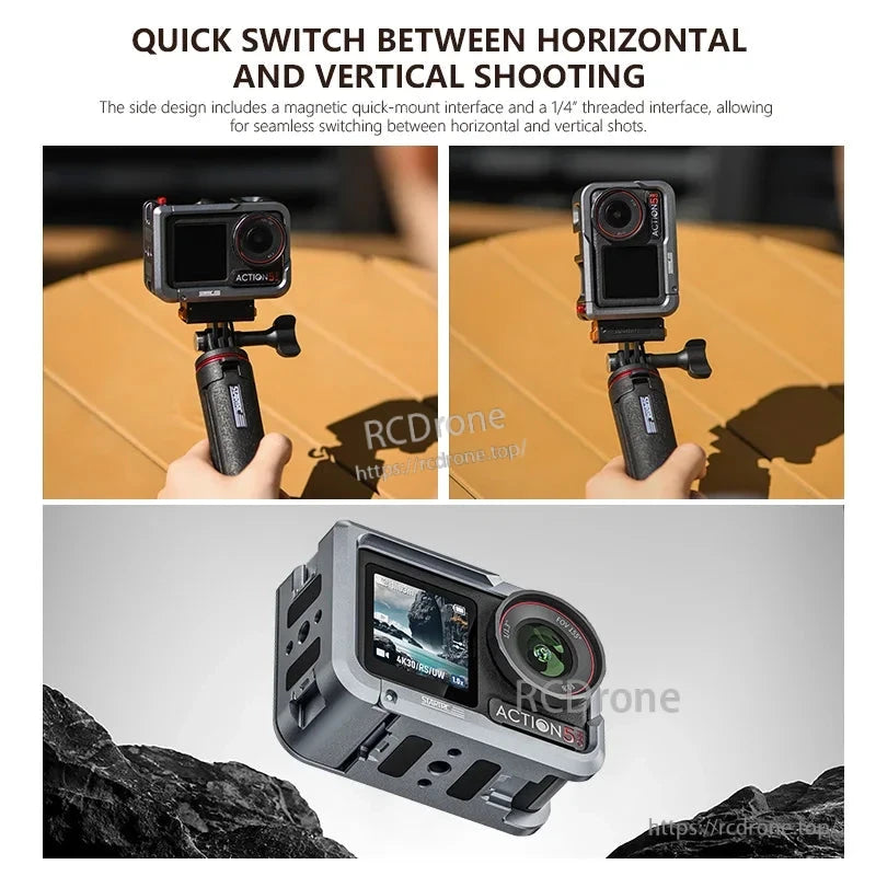 Quickly switch between horizontal and vertical shooting with magnetic mount, 1/4" thread, metal cage, cold shoe, and expansion bracket for ACTION5 Pro.