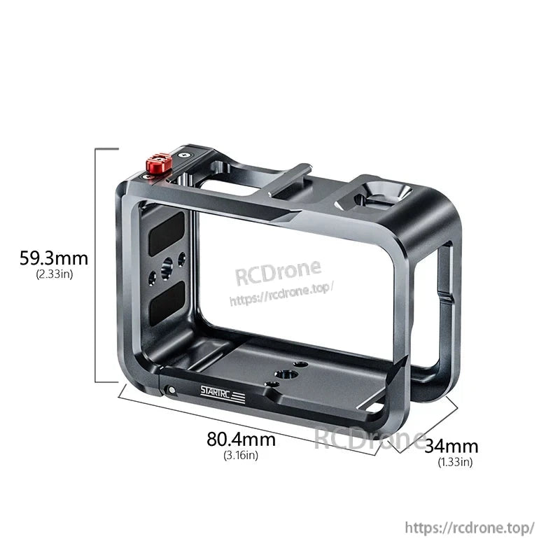 STARTRC metal cage for DJI Osmo Action 5 Pro with cold shoe, 1/4'' threads, and quick release for secure camera mounting and easy attachment of accessories.