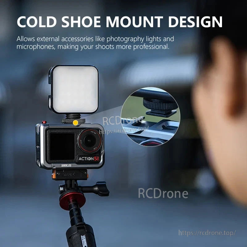 Cold shoe mount design for external accessories like lights and microphones, enhancing professional shoots.
