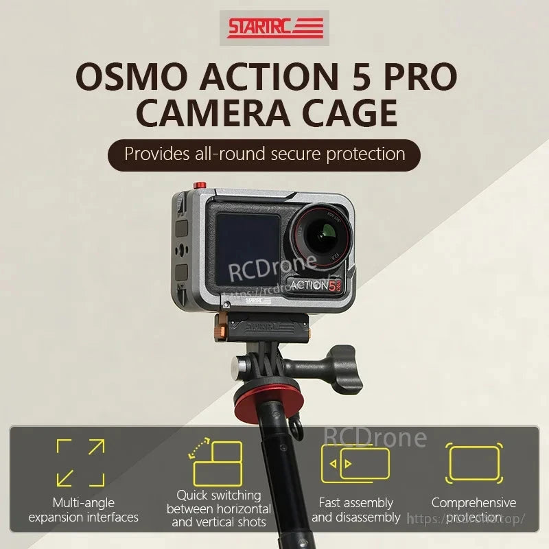 The STARTRC OSMO ACTION 5 Pro camera cage provides full protection, quick horizontal/vertical switching, easy assembly, and multi-angle mounting options.