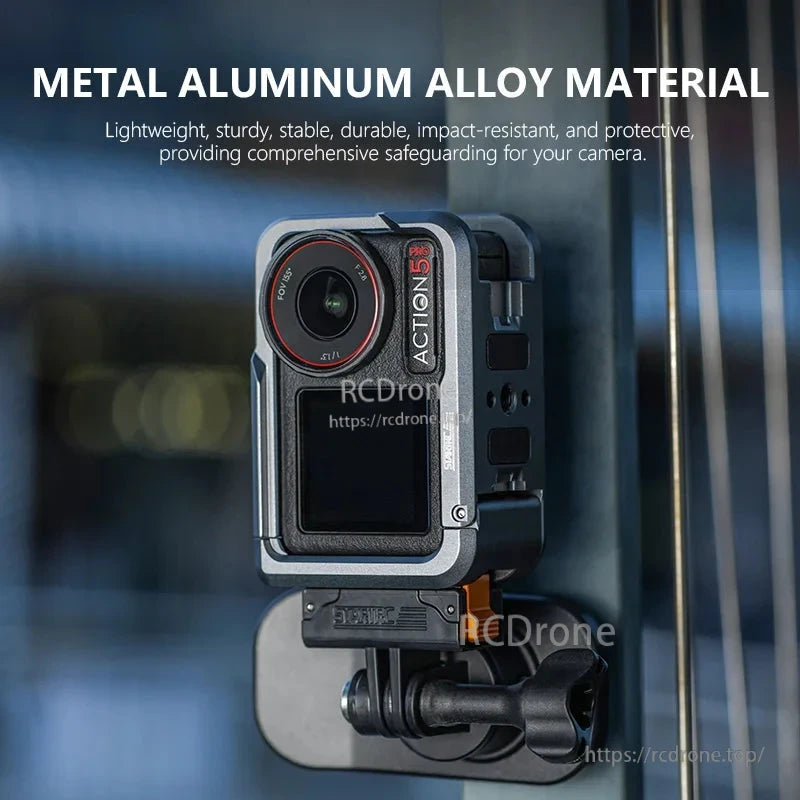 Lightweight, durable aluminum cage for DJI Osmo Action 5 Pro with cold shoe, 1/4'' threads, and quick release; offers impact resistance and secure camera protection.