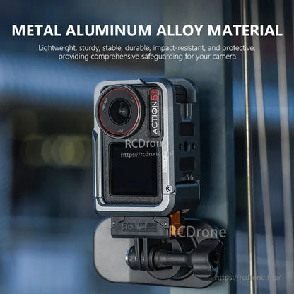 Lightweight, durable aluminum cage for DJI Osmo Action 5 Pro with cold shoe, 1/4'' threads, and quick release; offers impact resistance and secure camera protection.