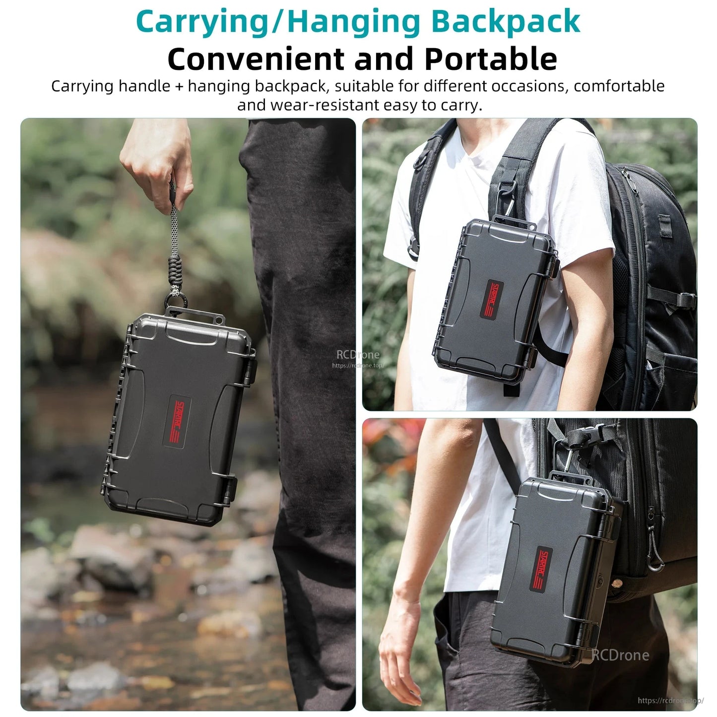 Waterproof IP67 ABS case with custom foam for DJI Action 5 Pro/4/3, portable storage with carry handle and backpack hang design. (24 words)