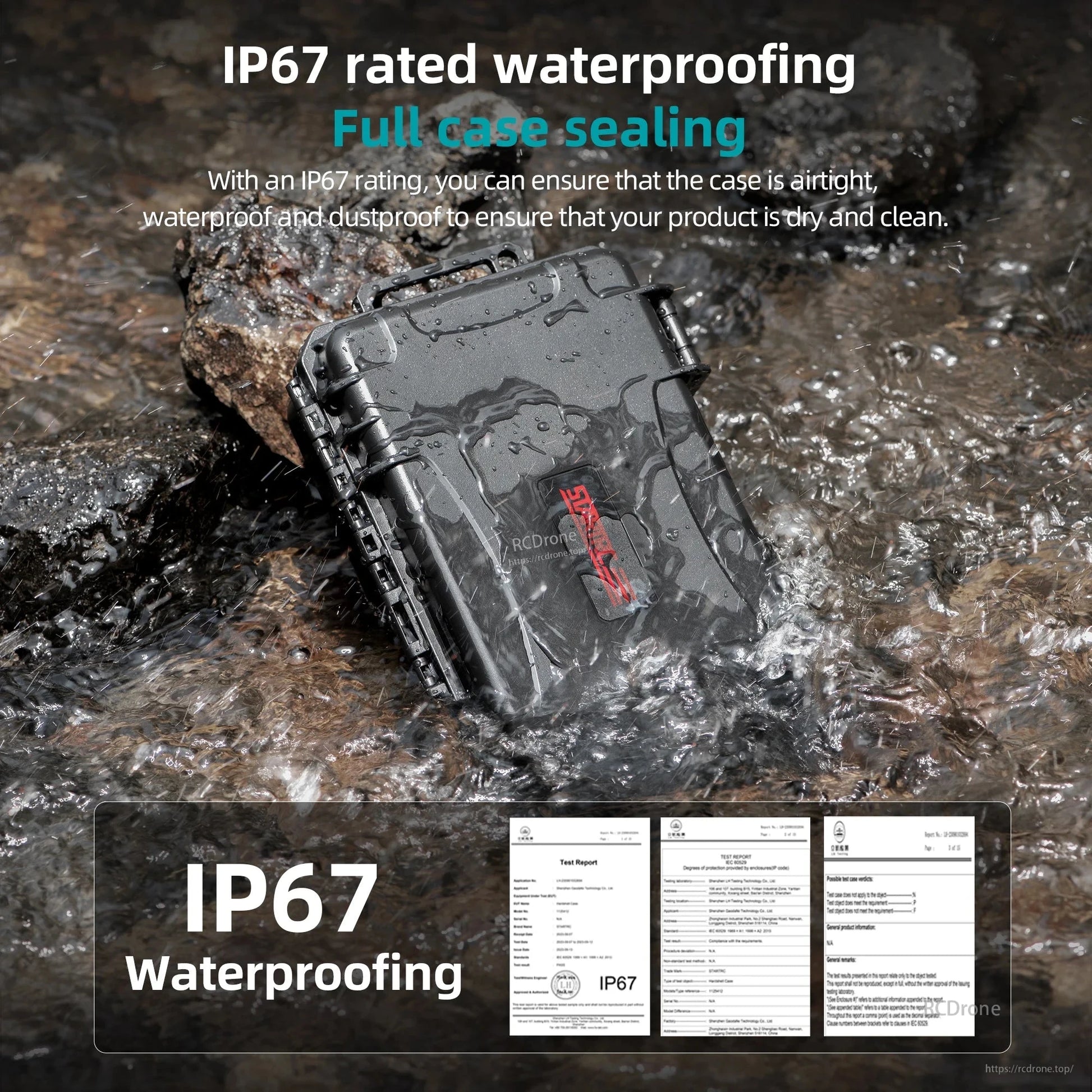 IP67 waterproof rating ensures airtight, dustproof protection; full case sealing keeps contents dry, verified by test reports for reliable harsh-environment performance.