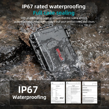 IP67 waterproof rating ensures airtight, dustproof protection; full case sealing keeps contents dry, verified by test reports for reliable harsh-environment performance.