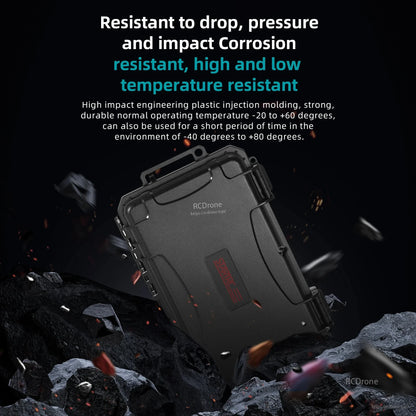 Durable hard case made of high-impact plastic, resistant to drops, pressure, impact, corrosion, and extreme temperatures (-20°C to +60°C), with custom foam for secure storage.