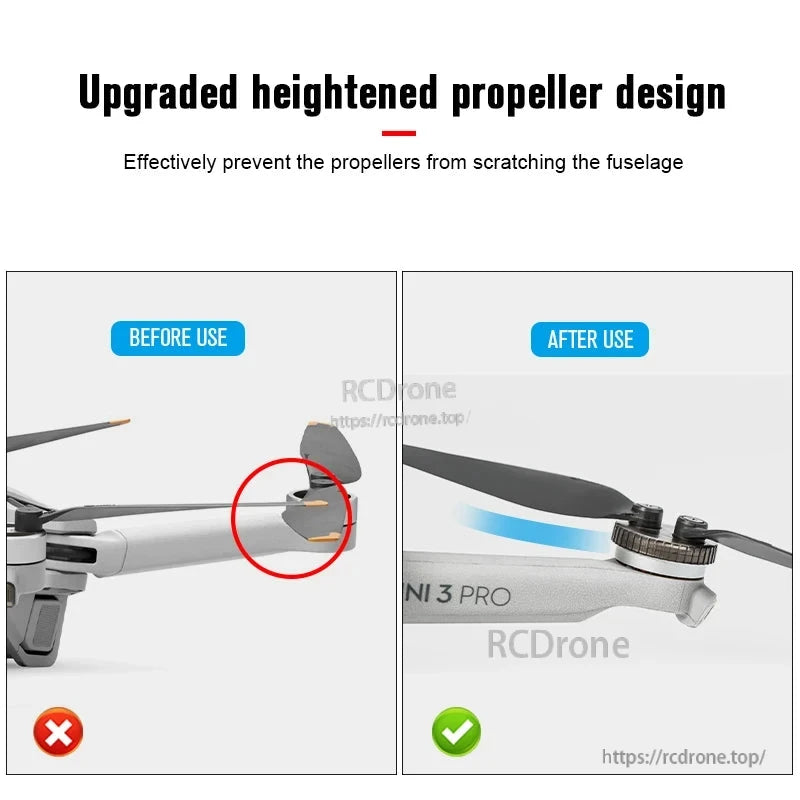 STARTRC Motor Protective Cover, Upgraded propeller design prevents scratching. Before and after comparison highlights improved clearance and protection.