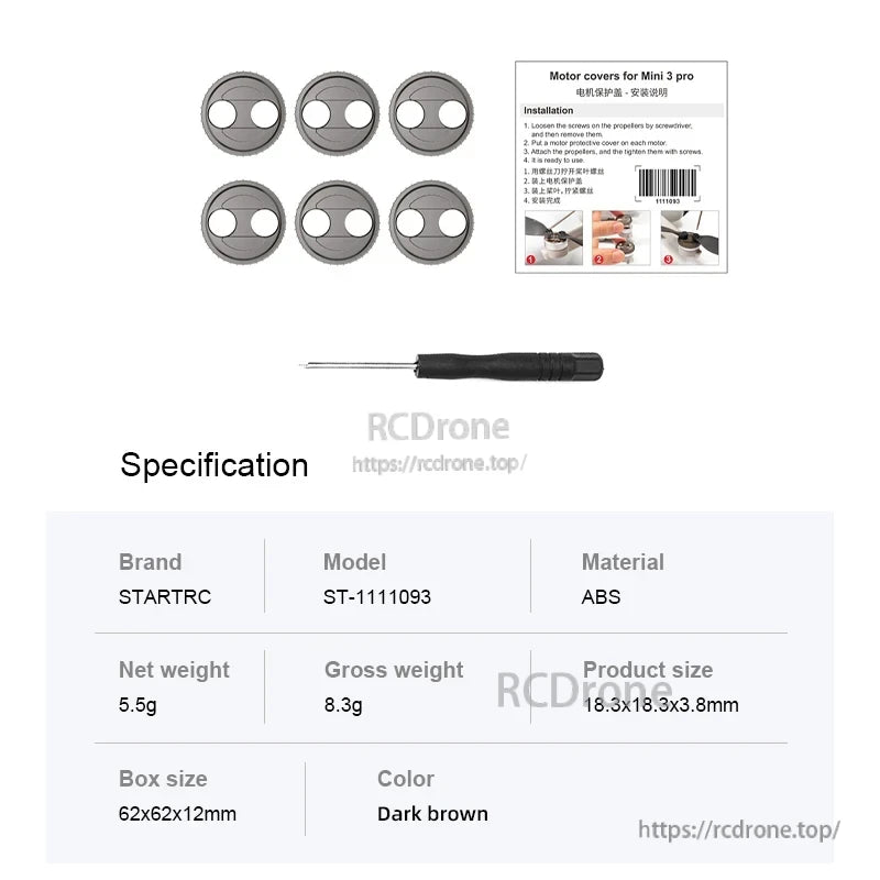 STARTRC Motor Protective Cover, STARTRC ST-111093 ABS motor cover for Mini 3 Pro, dark brown, 6 pcs with tools. Size: 18.3x18.3x3.8mm, weight: 5.5g.
