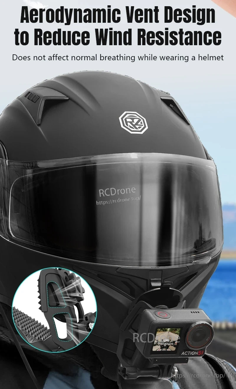 STARTRC Motorcycle Helmet Chin Mount Clip Bracket, Aerodynamic vent design reduces wind resistance, ensures normal breathing, helmet with mounted action camera.