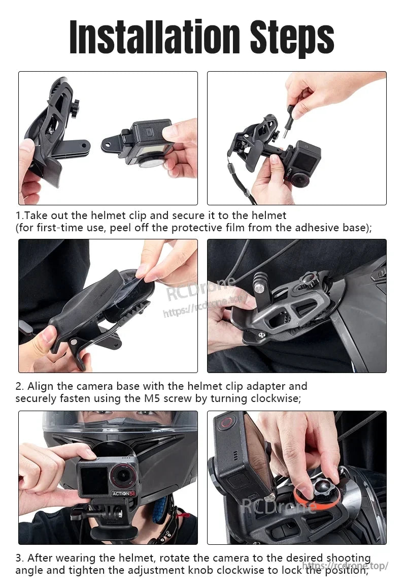 Mount STARTRC Motorcycle Helmet Chin Mount Clip Bracket by securing it to the helmet and adjusting camera angle.