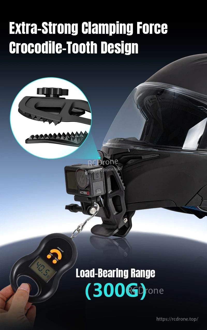 STARTRC Motorcycle Helmet Chin Mount Clip Bracket, Extra-strong clamp with crocodile-tooth design supports up to 300G load, ensuring secure, reliable grip for heavy-duty drone applications.