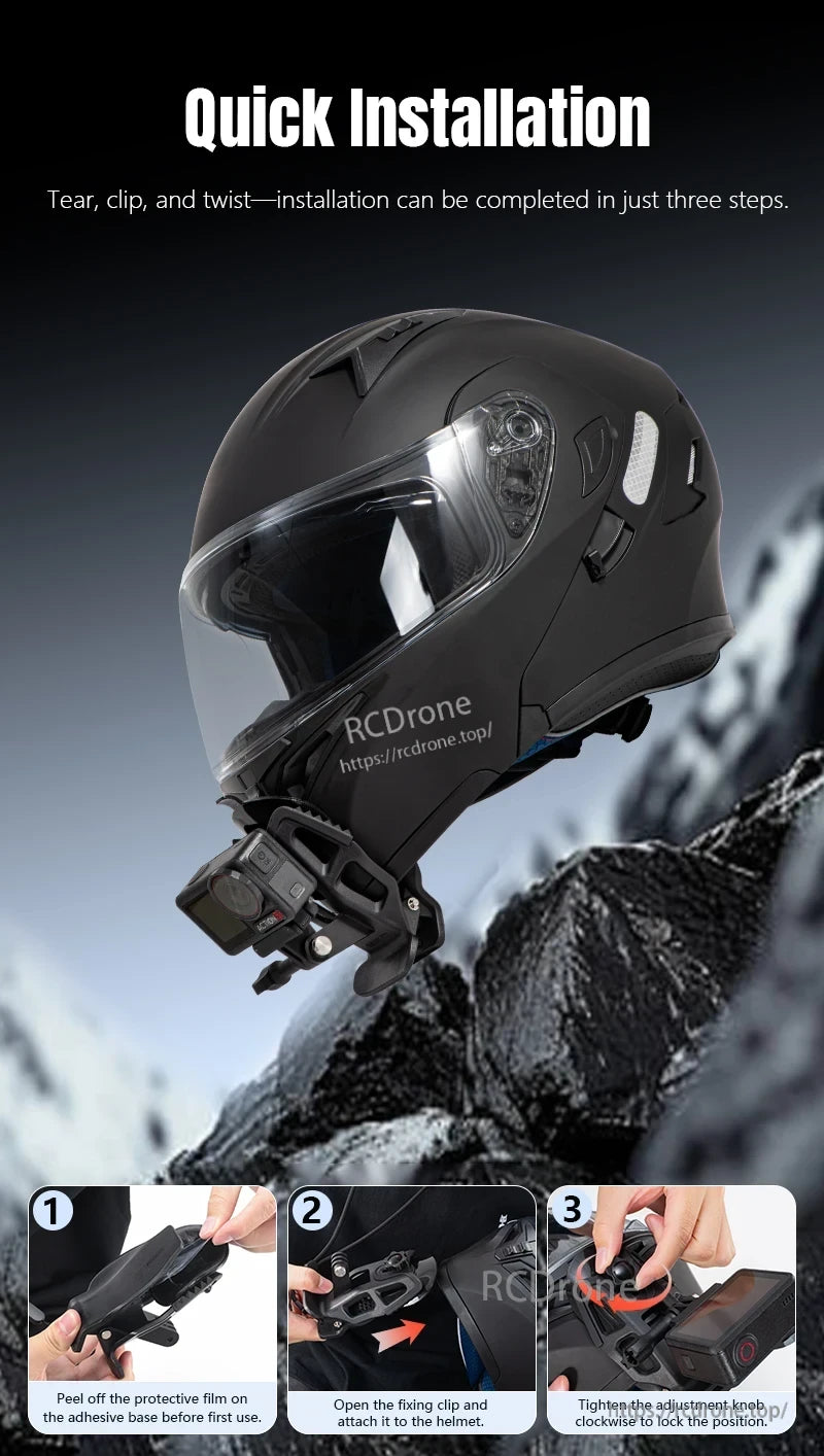 STARTRC Motorcycle Helmet Chin Mount Clip Bracket, Easy three-step installation: peel film, clip to helmet, tighten knob. Secure motorcycle helmet camera mount in seconds.