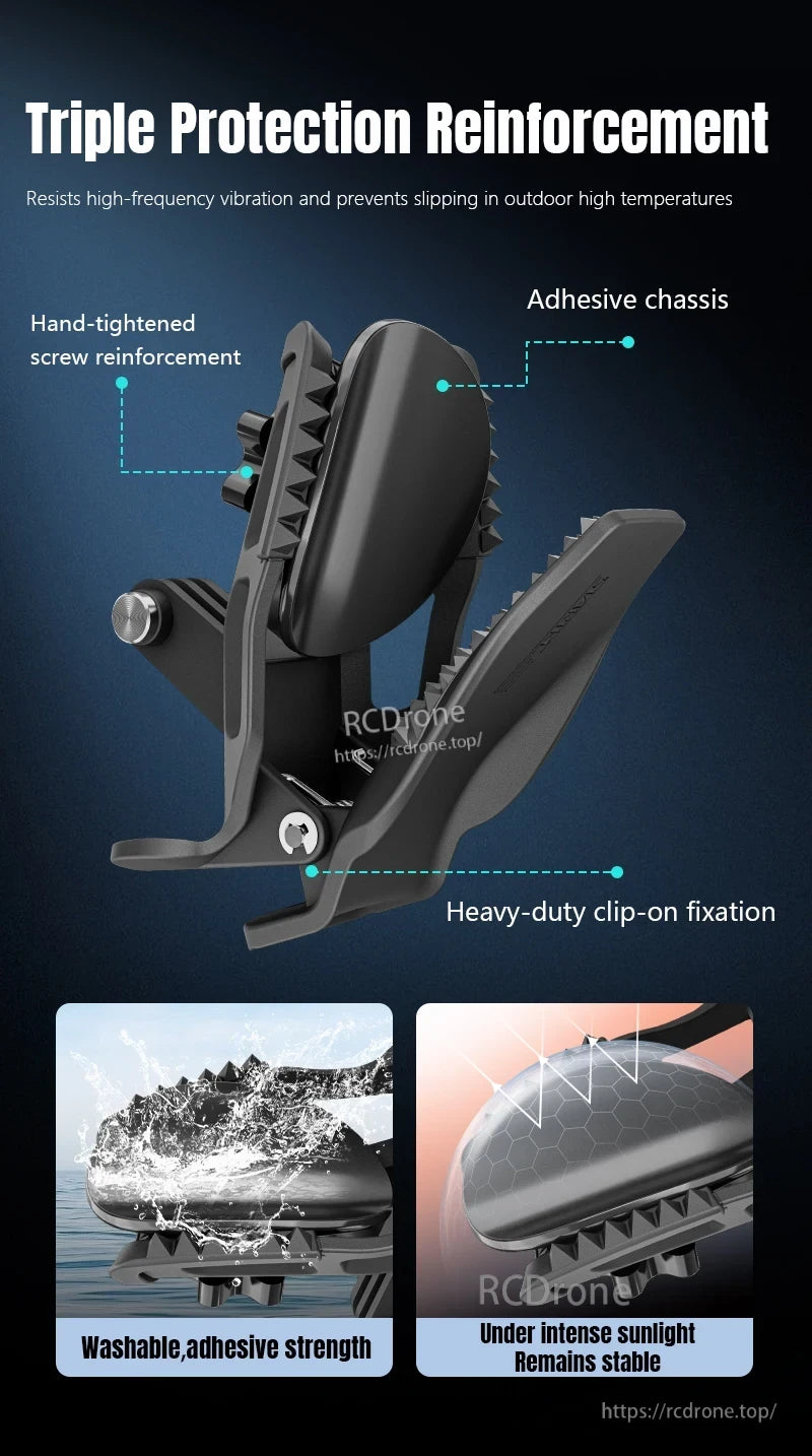 STARTRC Motorcycle Helmet Chin Mount Clip Bracket, Triple protection: screw, adhesive, clip-on. Washable, strong adhesion, sunlight stable. Durable and secure drone mounting solution. (24 words)