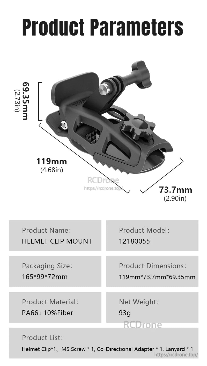 STARTRC Motorcycle Helmet Chin Mount Clip Bracket, HELMET CLIP MOUNT (12180055) for motorcycles; 119x73.7x69.35mm, PA66+10% Fiber, 93g; includes clip, M5 screw, adapter, lanyard; secure helmet mounting.