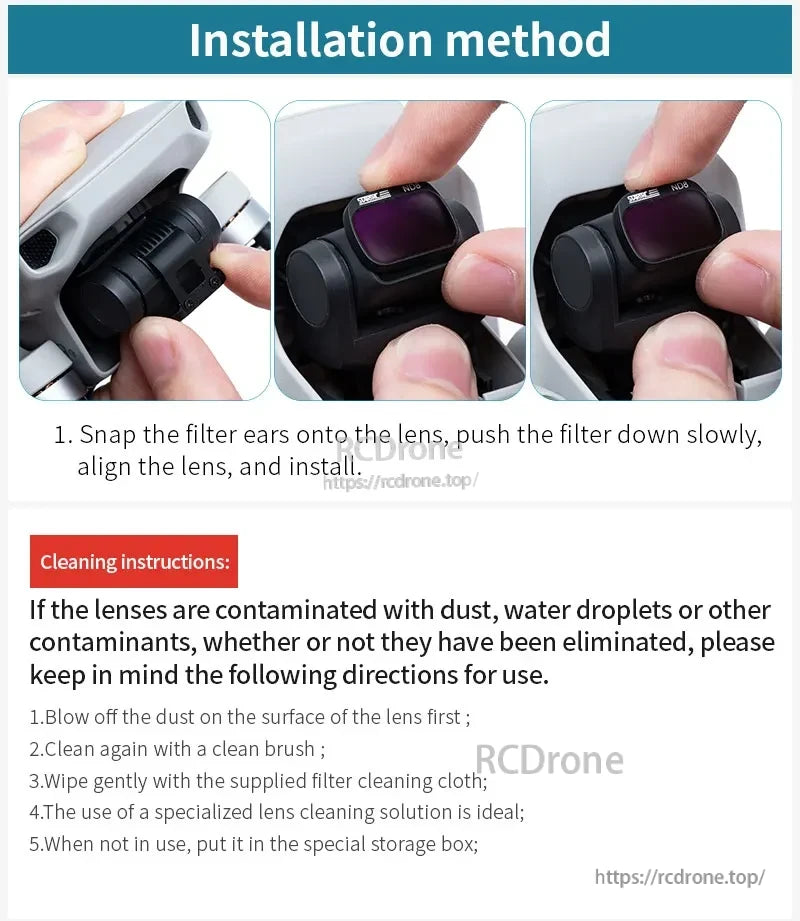 STARTRC (StartRC) ND Fil, Snap filter onto lens, align and install. Clean by blowing dust, brushing, wiping with cloth and solution. Store in box when not in use.