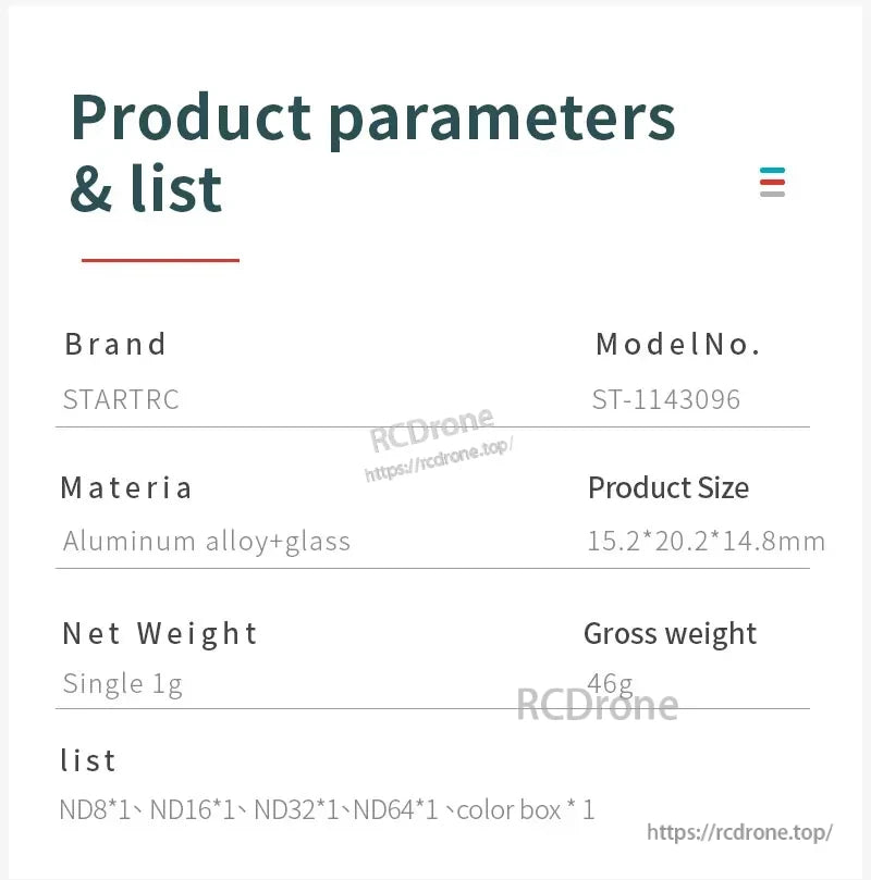 STARTRC (StartRC) ND Fil, STARTRC ND Filter ST-1143096: aluminum alloy and glass, 15.2×20.2×14.8mm, 1g net weight, includes ND8, ND16, ND32, ND64 filters in color box.