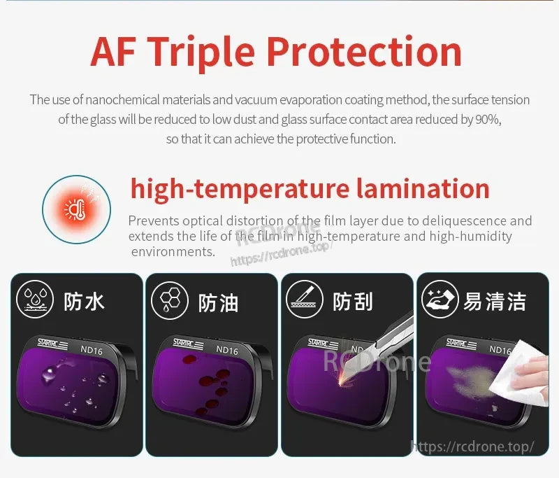 STARTRC (StartRC) ND Fil, AF Triple Protection uses nanomaterials and vacuum coating to reduce dust by 90%, with high-temperature lamination preventing distortion. Resists water, oil, scratches, and is easy to clean.