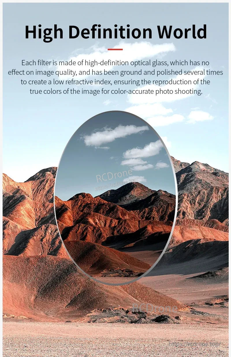 STARTRC (StartRC) ND Fil, Precision-ground optical glass filters with low refractive index ensure accurate color reproduction and enhanced clarity for high-definition photography. (24 words)