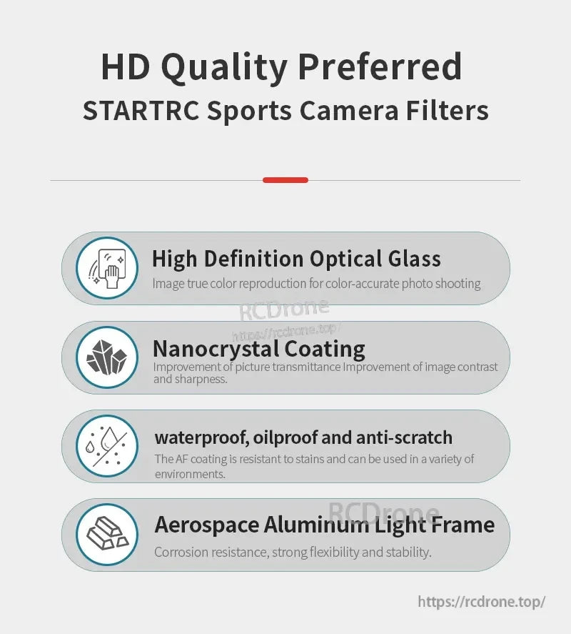 STARTRC (StartRC) ND Fil, HD STARTRC filters use optical glass, nanocrystal coating, and aluminum frames for true color, sharpness, durability, and protection against water, oil, and scratches.