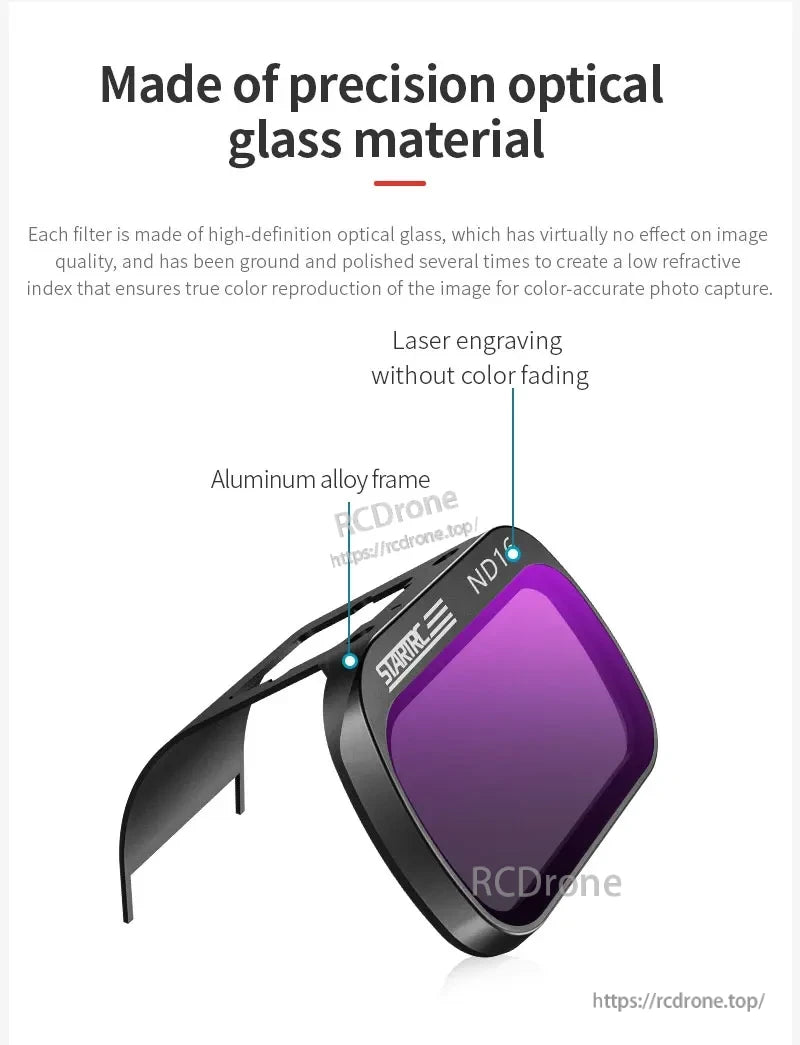STARTRC (StartRC) ND Fil, Laser-engraved ND16 optical glass filter with aluminum frame ensures high-definition quality and accurate color reproduction for superior photography. (24 words)