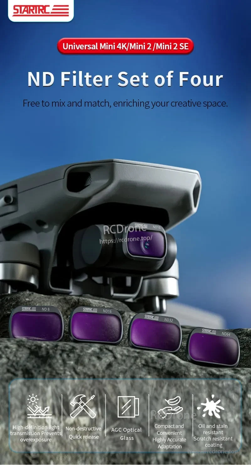 STARTRC (StartRC) ND Fil, STARTRC ND filter set for Mini 4K/Mini 2/SE includes ND8–ND64, offering HD clarity, scratch resistance, and secure fit to enhance creativity in diverse conditions.