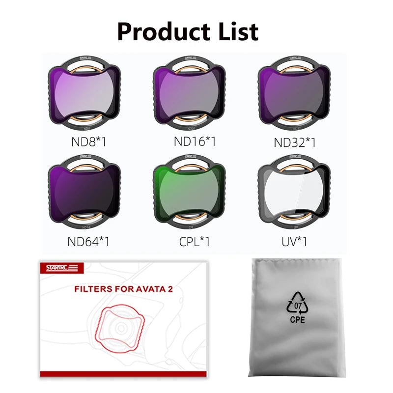 STARTRC ND filters for Avata 2 include ND8, ND16, ND32, ND64, CPL, UV, plus case and storage bag for enhanced aerial photography.