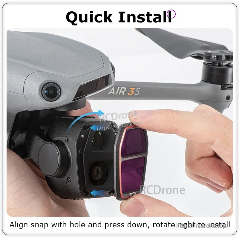 STARTRC ND Filter, Quickly install ND filter on AIR 3S drone by aligning snap with hole, pressing down, and rotating right.