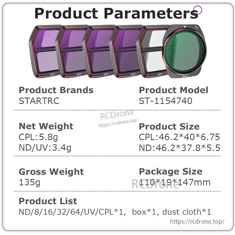 STARTRC ND Filter, STARTRC ST-1154740 5-piece filter set (ND/UV/CPL), lightweight, compact size, includes box and dust cloth.
