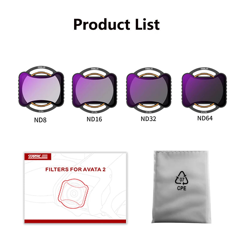 STARTRC ND filters for Avata 2: ND8, ND16, ND32, ND64. Comes with case and storage bag for easy transport and protection.