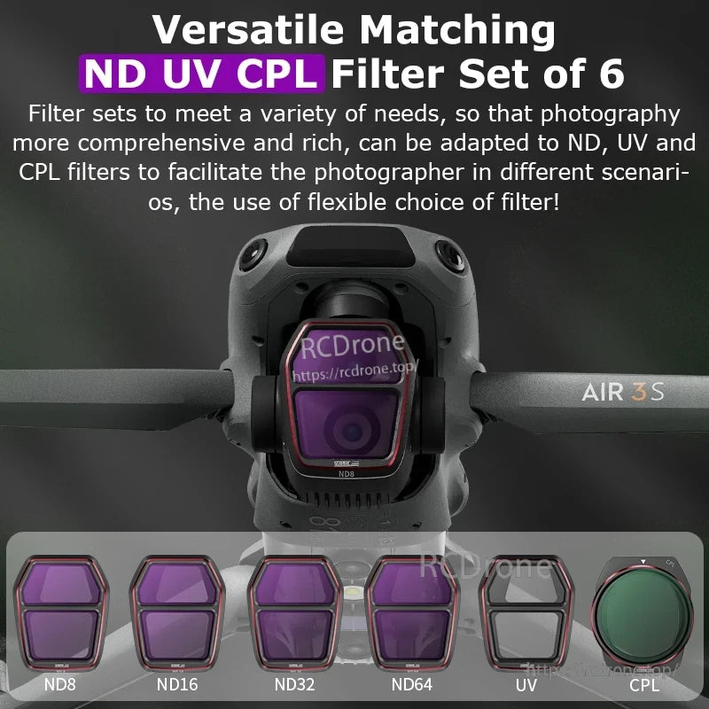 STARTRC ND Filter, 6-piece filter set for DJI Air 3S: ND8, ND16, ND32, ND64, UV, CPL. Enhances photo quality in diverse conditions.