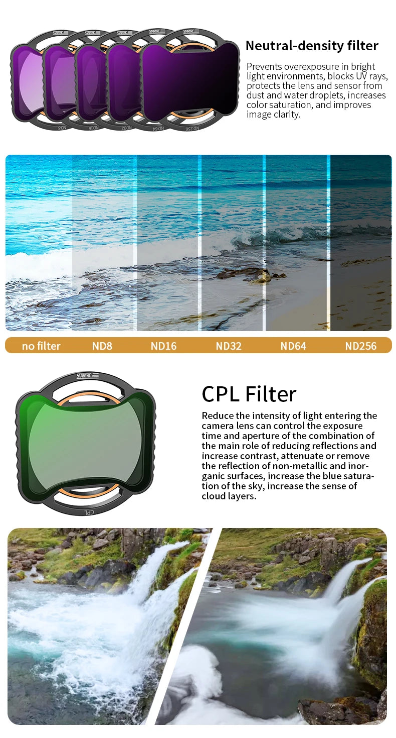STARTRC ND filters reduce overexposure, block UV, protect lenses, and enhance clarity; CPL filters cut glare, increase contrast, deepen blue skies, and improve cloud detail.