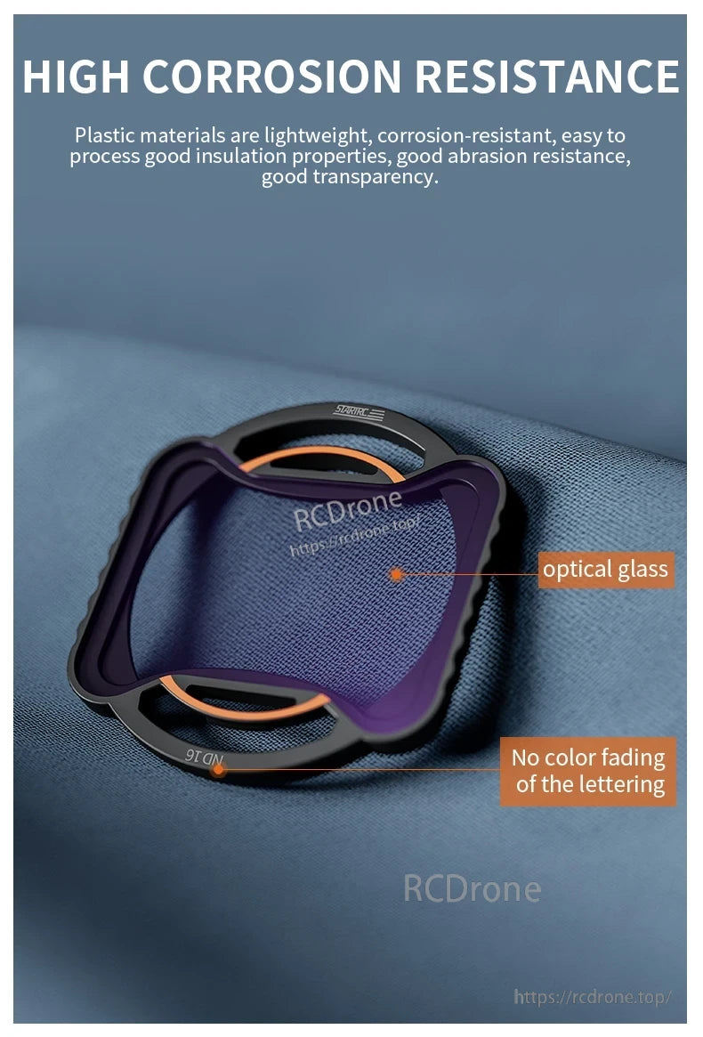STARTRC ND Filter, Lightweight plastic with high corrosion resistance, optical glass clarity, no color fading, excellent transparency, and strong abrasion resistance.