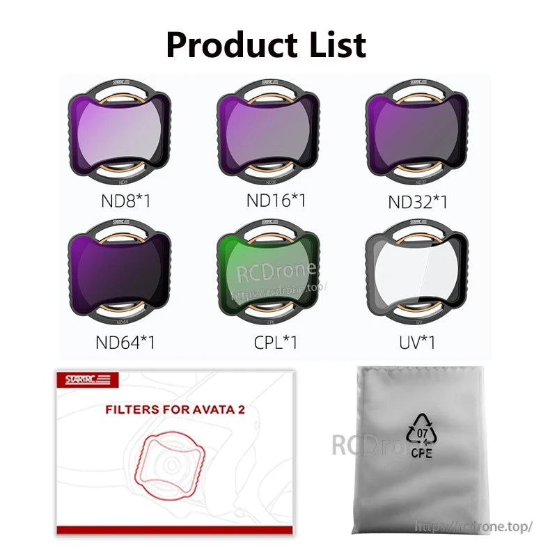 STARTRC ND filters for Avata 2 include ND8, ND16, ND32, ND64, CPL, UV, plus case and storage bag for enhanced aerial photography.