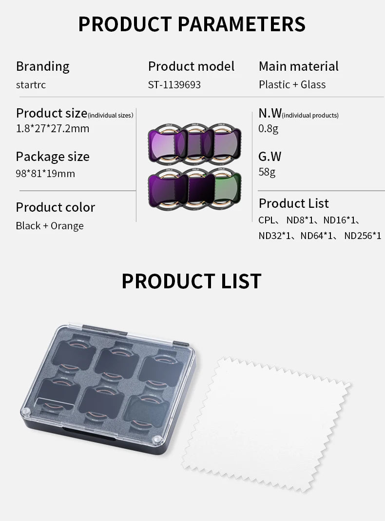 STARTRC ND filter set (ST-1139693) includes CPL and ND8–ND256 filters in a compact case with cleaning cloth; plastic and glass, 0.8g net weight, black + orange.