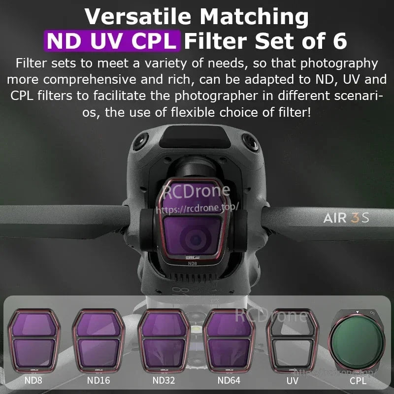 STARTRC ND Filter, Six durable, snap-on filters (ND8–ND64, UV, CPL) for DJI Air 3S, made with AGC glass, enhance image quality and suit diverse lighting and shooting needs.