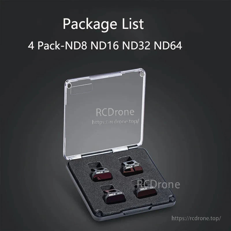 STARTRC (StartRC) ND Fil, 4-pack ND filters (ND8, ND16, ND32, ND64) for DJI Mini series drones, enhancing video quality by reducing light and enabling cinematic motion blur.