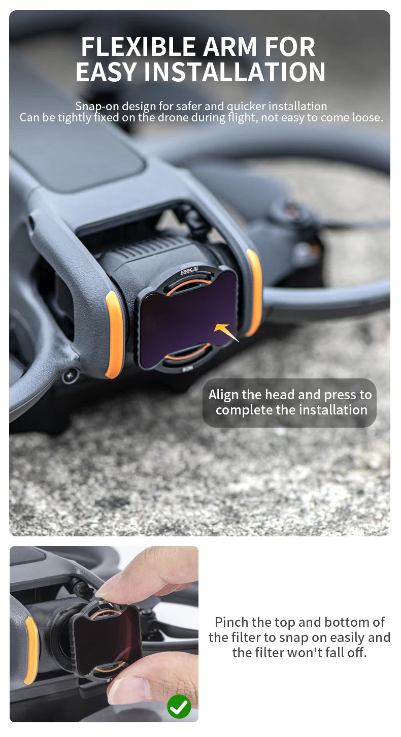 STARTRC ND Filter, Flexible arm with snap-on design for easy, secure installation. Align head, press to install, pinch filter top and bottom to lock firmly in place.