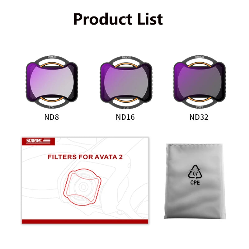 STARTRC ND filters for Avata 2 include ND8, ND16, ND32, a filter case, and storage bag.