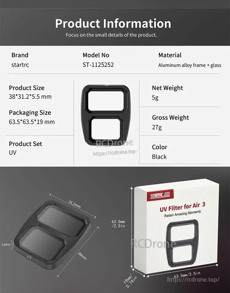 STARTRC ND Filter, STARTRC UV Filter ST-1125252 for Air 3: lightweight, durable aluminum-glass design with UV protection, reduces haze, enhances outdoor photos, compact, and travel-friendly.