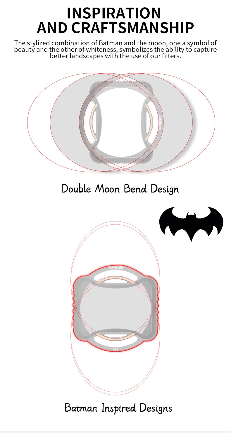 STARTRC ND Filter features Double Moon Bend and Batman-inspired designs, symbolizing beauty and purity for enhanced landscape photography. (17 words)
