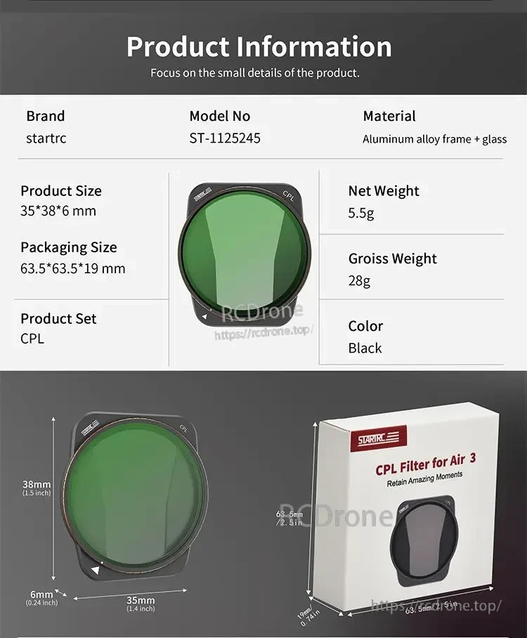STARTRC ND Filter, STARTRC CPL filter for Air 3, aluminum frame, black, 35x38x6 mm, 5.5g; includes filter, packed in 63.5x63.5x19 mm box.