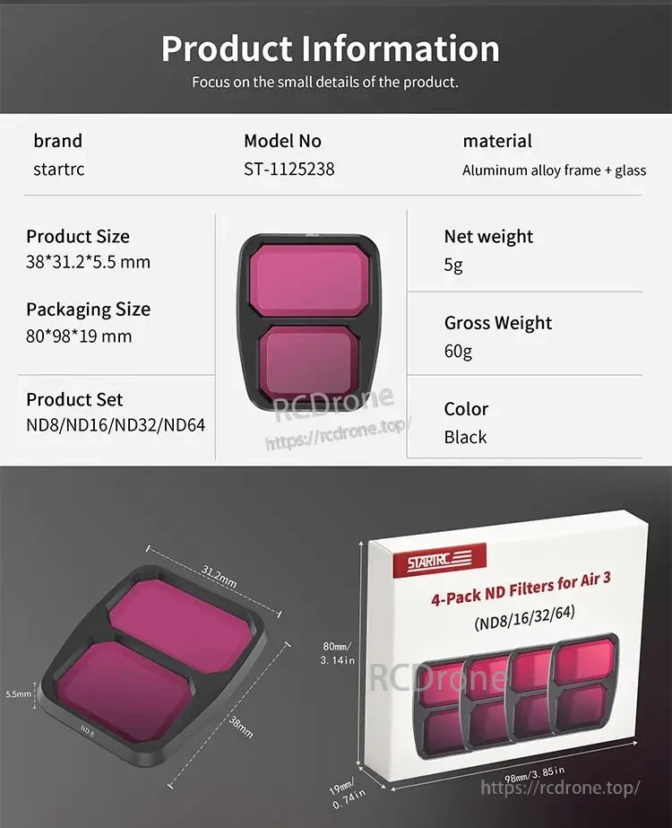 STARTRC ND Filter set (ND8/16/32/64) for Air 3 drones; aluminum frame, glass lenses; 38×31.2×5.5 mm, 5g net; black; includes white box (80×98×19 mm), total weight 60g.