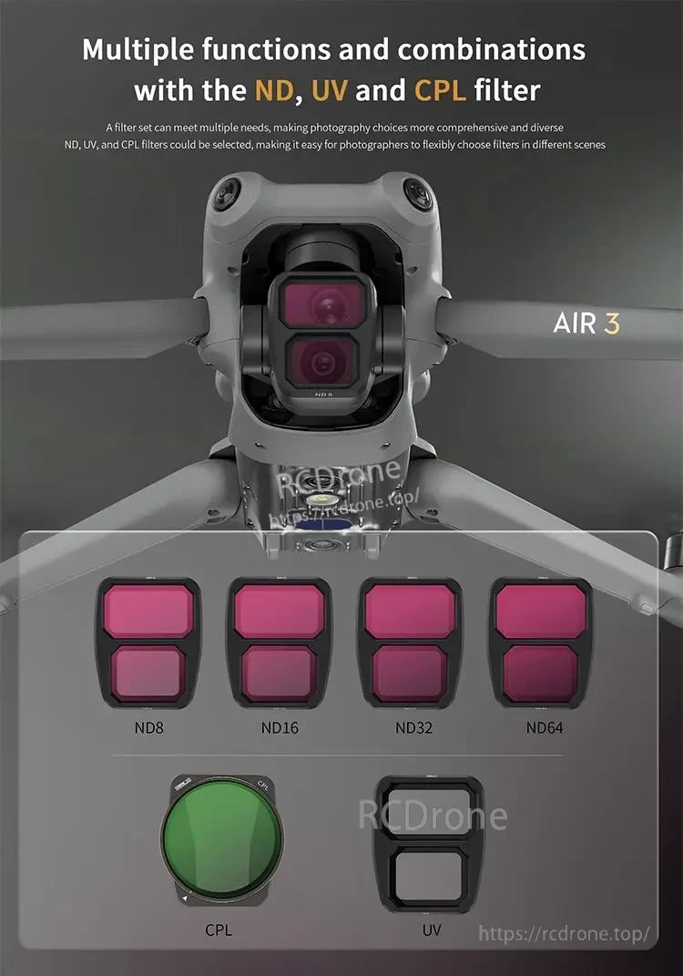 STARTRC ND Filter, DJI Air 3 filter set includes ND8, ND16, ND32, ND64, CPL, and UV filters, offering versatile photography options with ND, UV, and CPL functions.