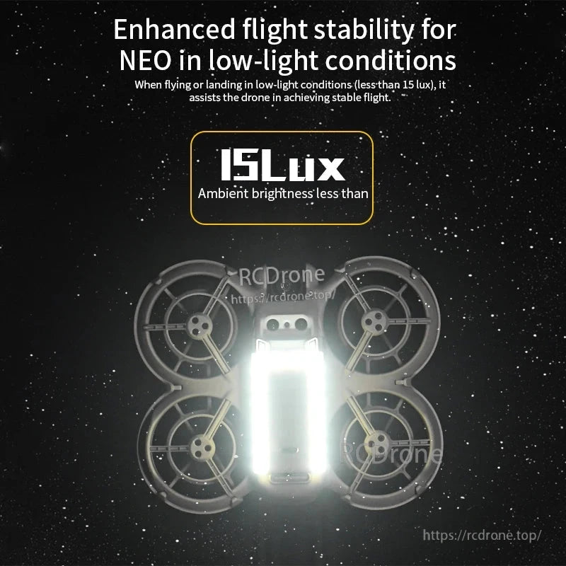 STARTRC NEO LED Landing Gear, NEO achieves enhanced flight stability in low light (<15 lux); LED landing gear boosts visibility and control during night operations. (24 words)