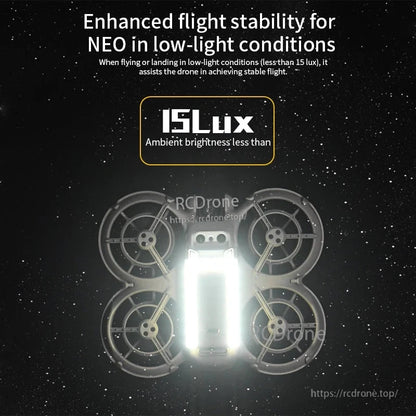 STARTRC NEO LED Landing Gear, NEO achieves enhanced flight stability in low light (<15 lux); LED landing gear boosts visibility and control during night operations. (24 words)
