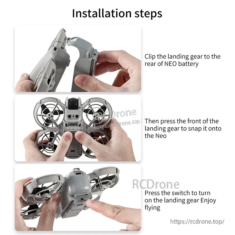 STARTRC NEO LED Landing Gear, Install landing gear on NEO battery, snap front, switch to fly.