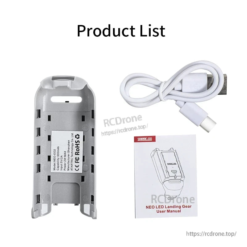 STARTRC NEO LED Landing Gear with battery, USB cable, and user manual included.